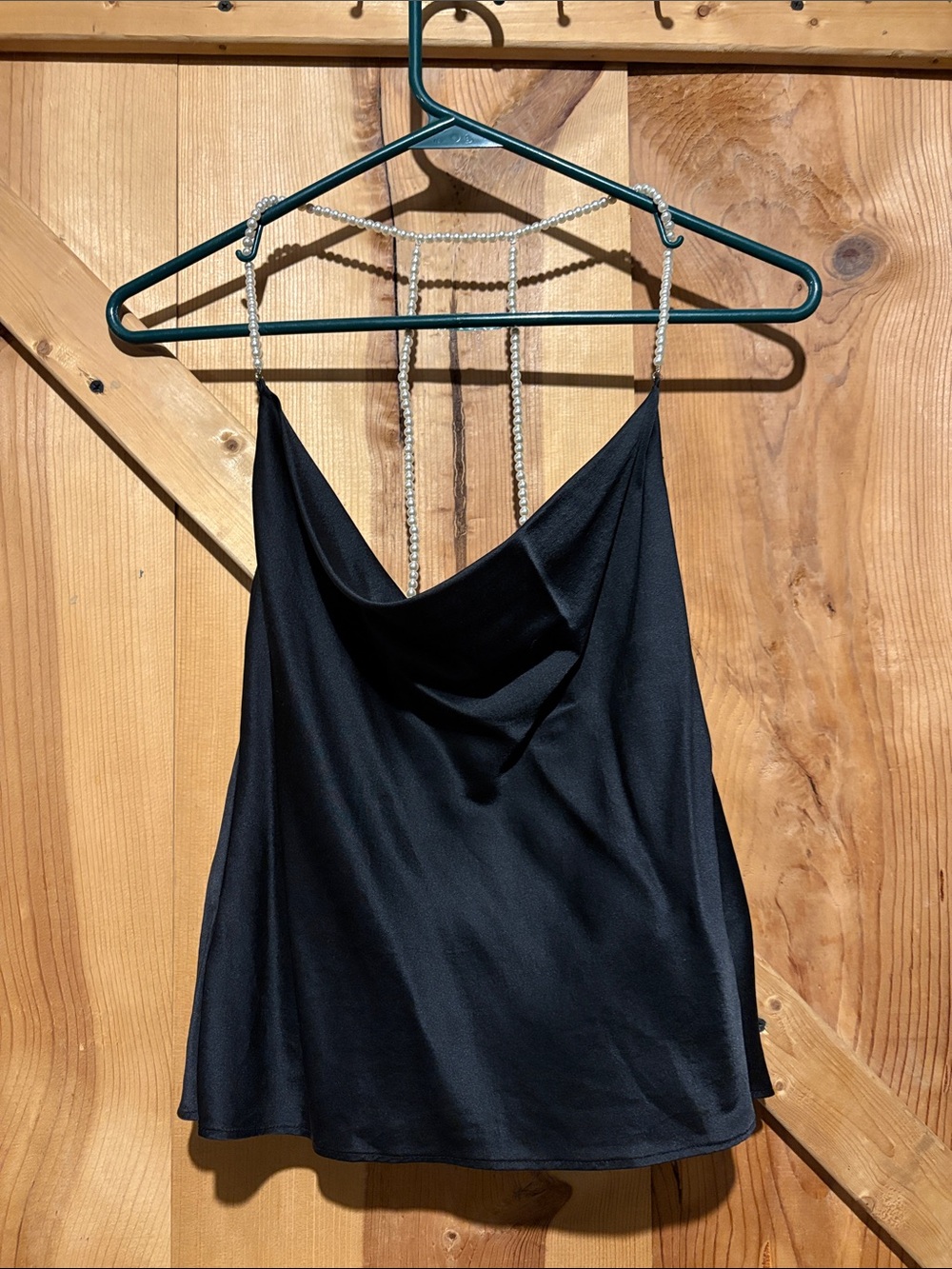Black Satin Cowl Neck Camisole with Pearl Straps